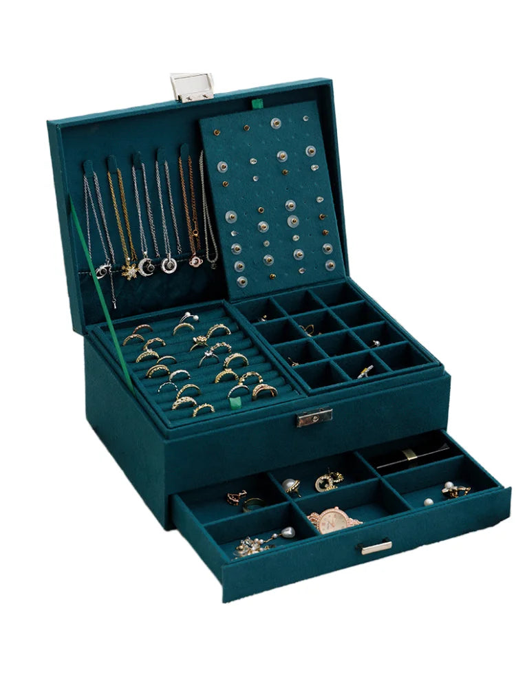 VelvetVault™ – 3-Layer Vintage Jewellery Storage Box with Lock