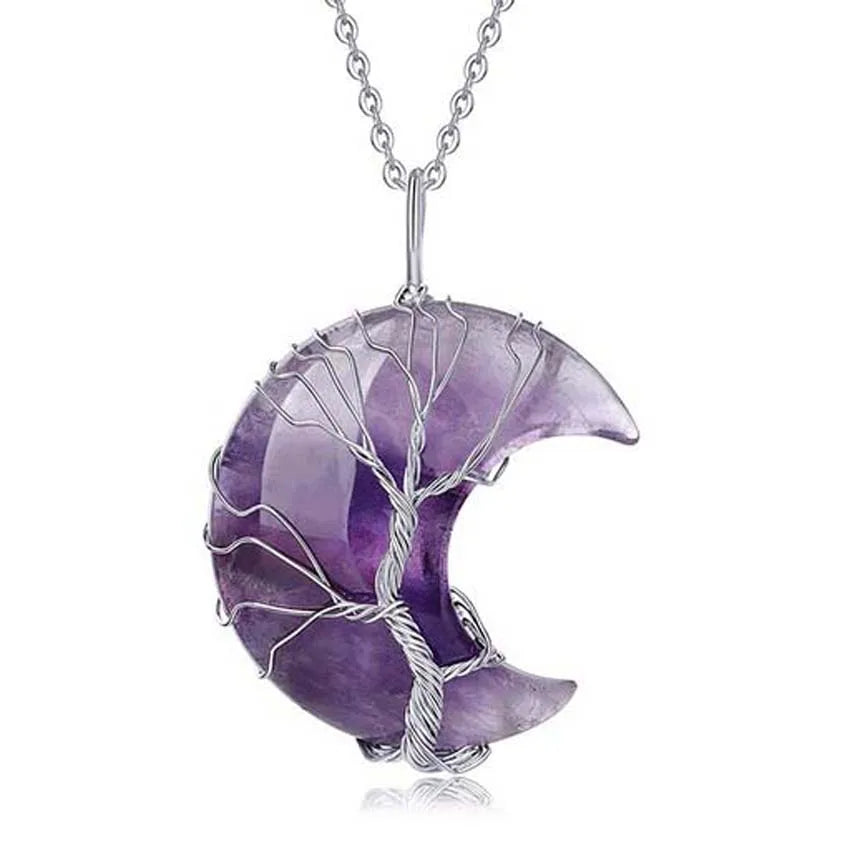 Celestial Tree of Life Necklace – Amethyst & Moon Pendant