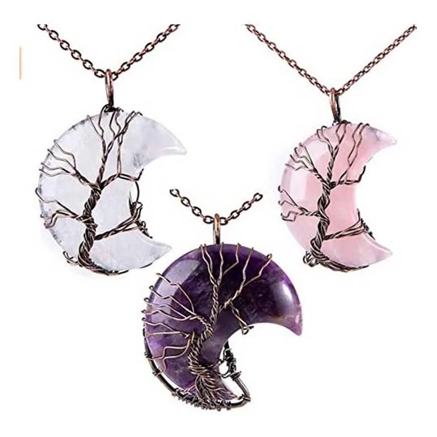 Celestial Tree of Life Necklace – Amethyst & Moon Pendant
