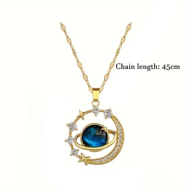 Celestial Harmony Necklace – Gold-Tone Planet & Moon Pendant