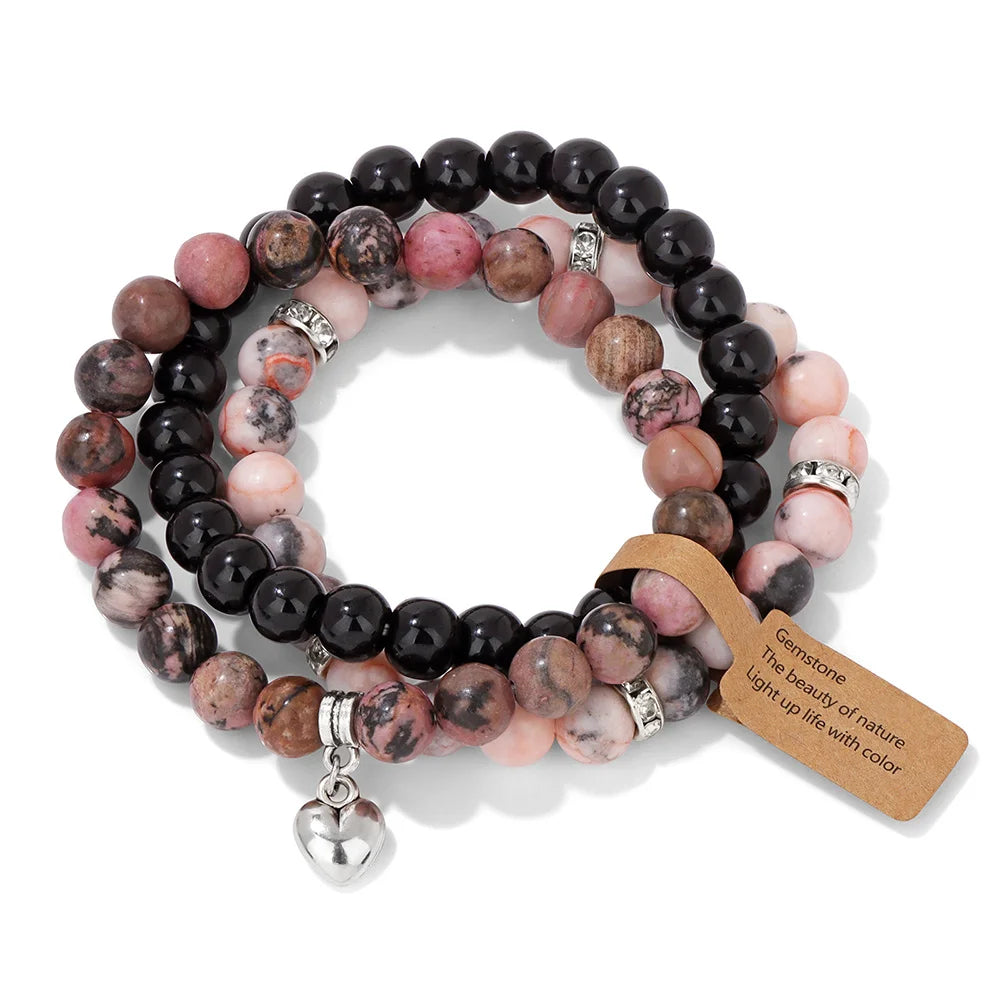 Natural Stone Bracelet Set – Pink Zebra Jasper & Rhodonite Healing Collection