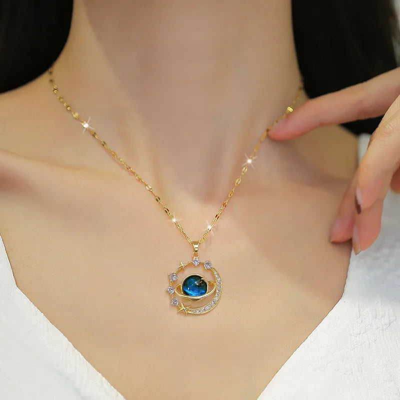 Celestial Harmony Necklace – Gold-Tone Planet & Moon Pendant