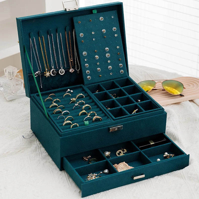 VelvetVault™ – 3-Layer Vintage Jewellery Storage Box with Lock