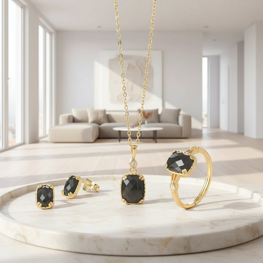 Noir Grace – 925 Sterling Silver Black Agate Jewelry Set