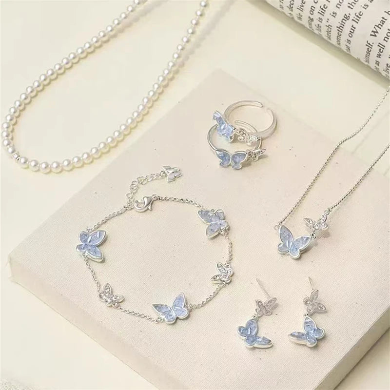 Blue Butterfly Grace – Rhinestone Jewelry Set (Bracelet, Necklace, Earrings & Ring)