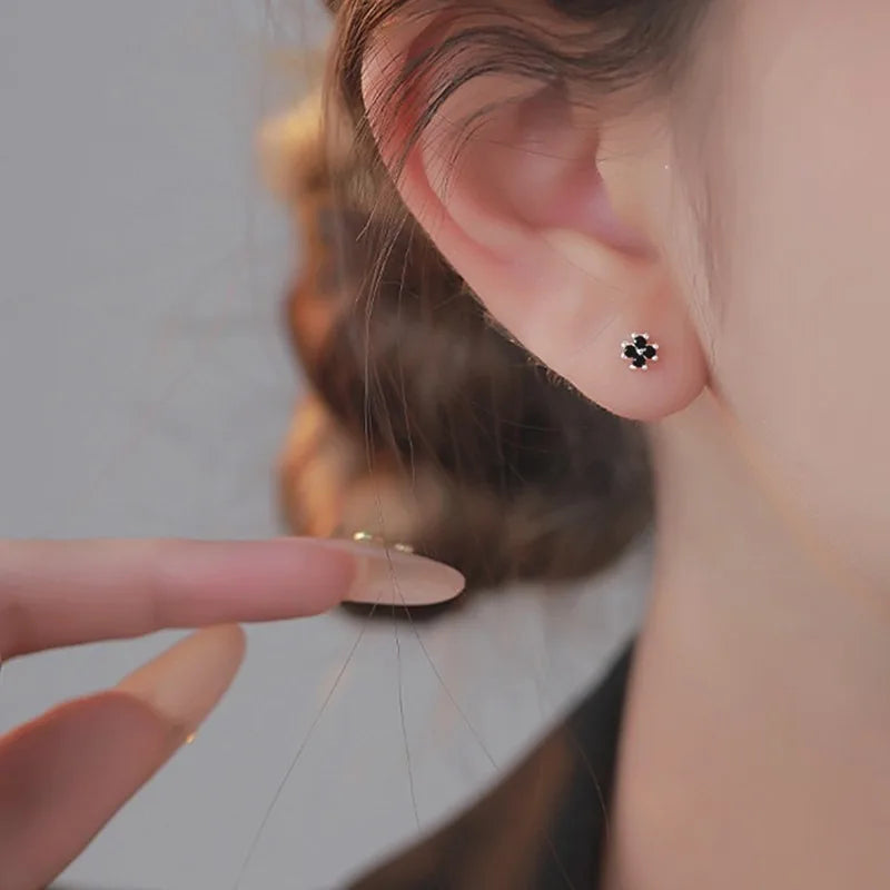 CloverLuxe – 925 Sterling Silver Black Zircon Flower Stud Earrings