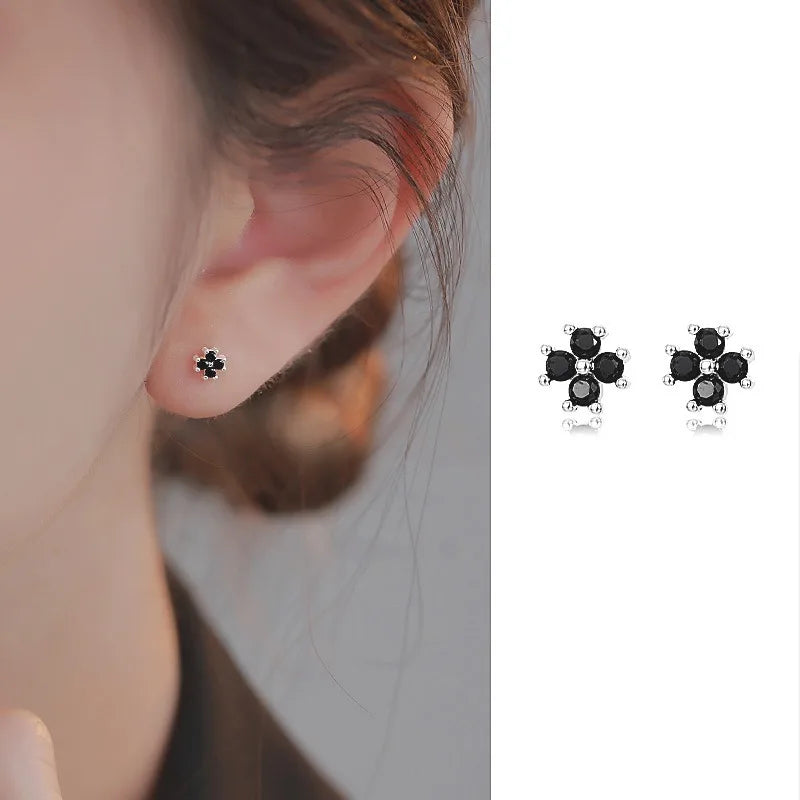 CloverLuxe – 925 Sterling Silver Black Zircon Flower Stud Earrings