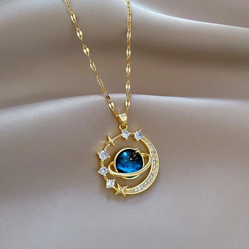 Celestial Harmony Necklace – Gold-Tone Planet & Moon Pendant