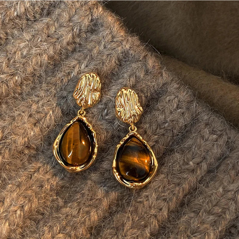 Tawny Horizon Dangle Earrings – Tiger's Eye Stone & Silver-Tone Design