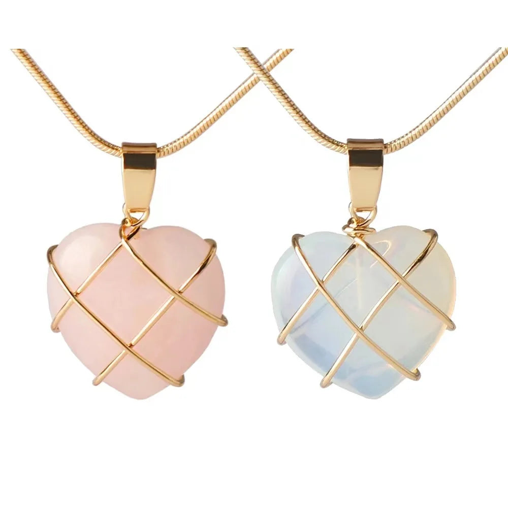 Opal & Rose Quartz Heart Necklace – Pink Barbie Core Aesthetic
