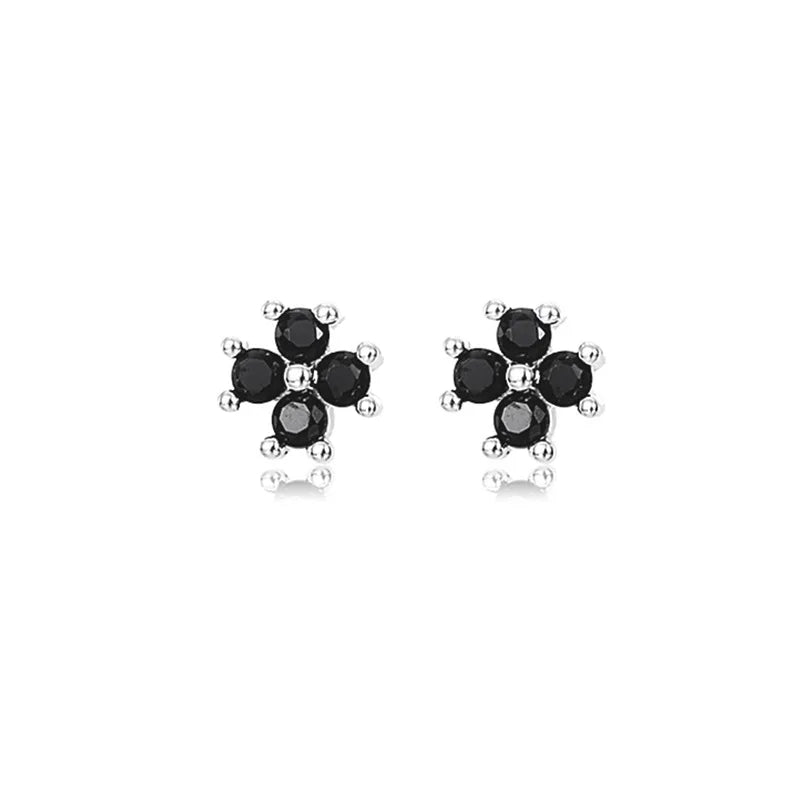 CloverLuxe – 925 Sterling Silver Black Zircon Flower Stud Earrings