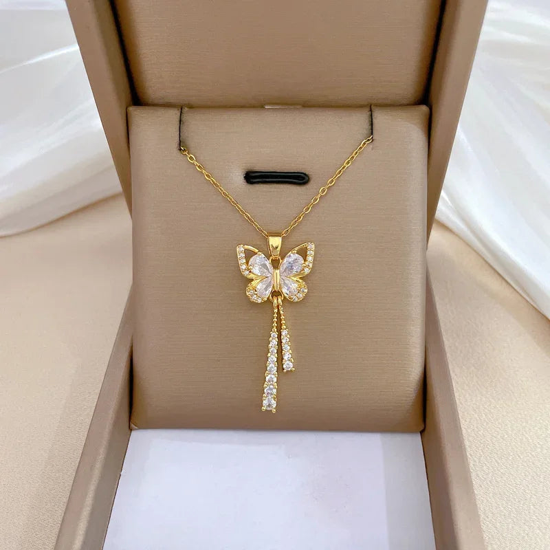 Luna Bloom – Butterfly & Moon Zircon Tassel Choker Necklace