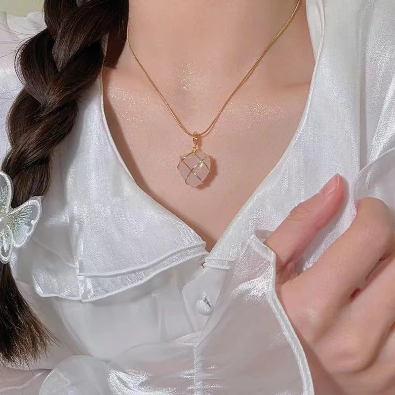 Opal & Rose Quartz Heart Necklace – Pink Barbie Core Aesthetic