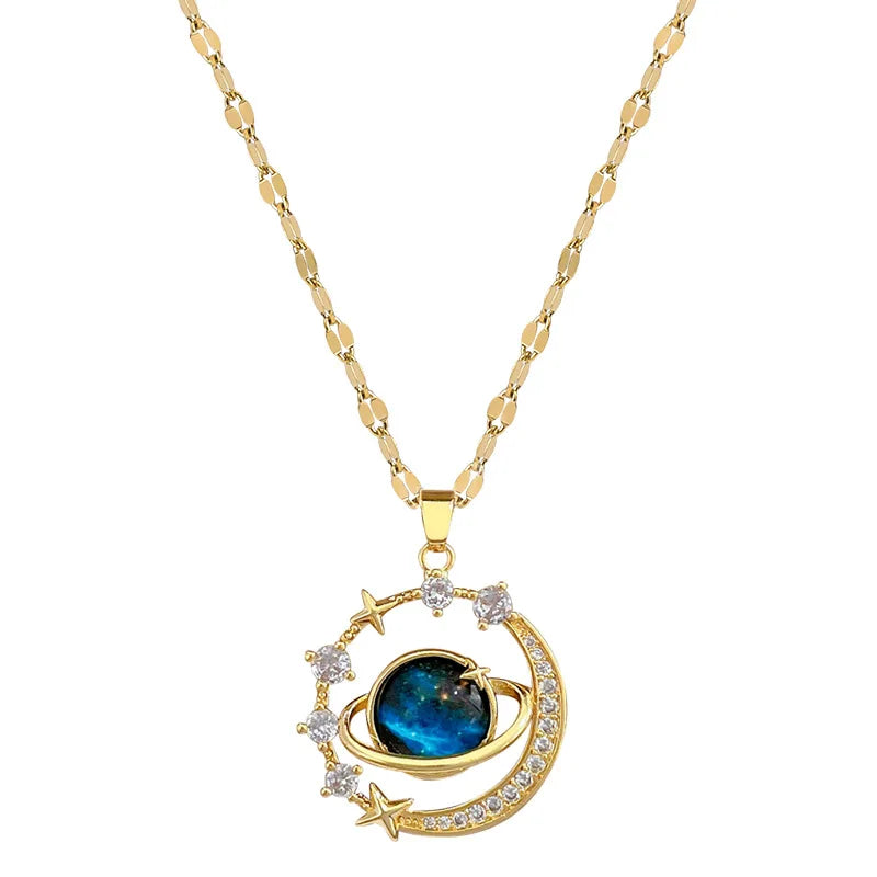 Celestial Harmony Necklace – Gold-Tone Planet & Moon Pendant