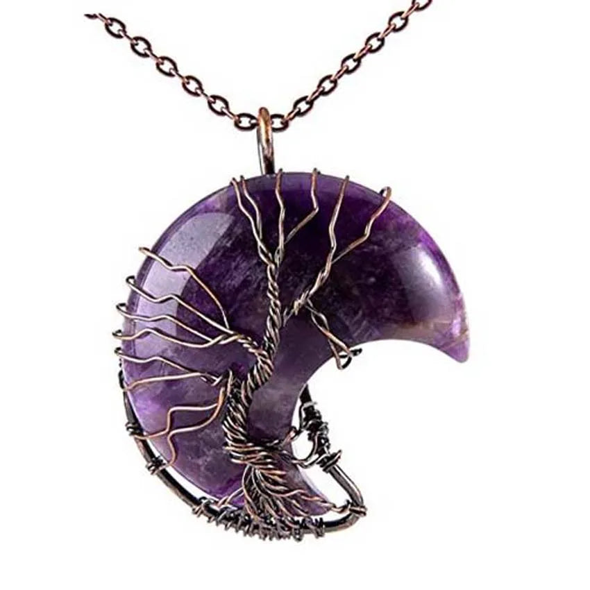 Celestial Tree of Life Necklace – Amethyst & Moon Pendant