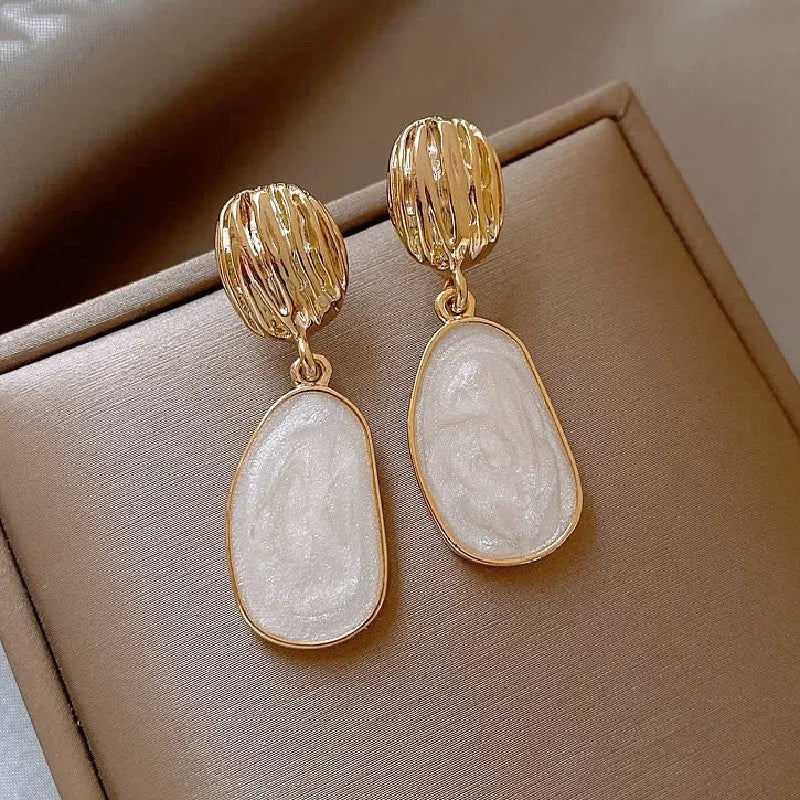 Artisan Oval Drop Earrings – White Enamel & Geometric Dangle Design