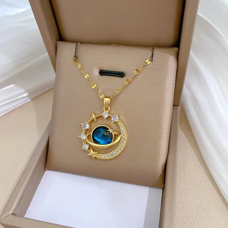 Celestial Harmony Necklace – Gold-Tone Planet & Moon Pendant