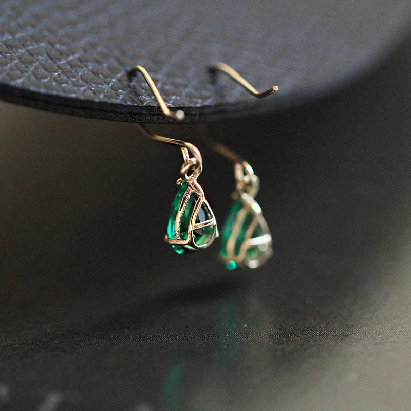 Vintage Water Drop Earrings – Gold Plated Sterling Silver with Emerald Zircon