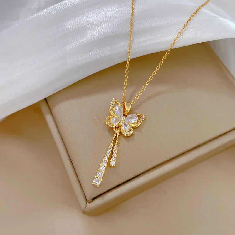 Luna Bloom – Butterfly & Moon Zircon Tassel Choker Necklace
