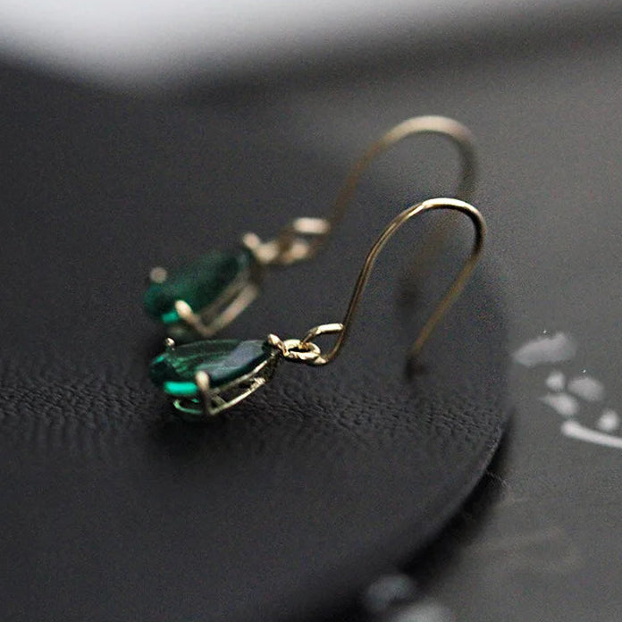 Vintage Water Drop Earrings – Gold Plated Sterling Silver with Emerald Zircon