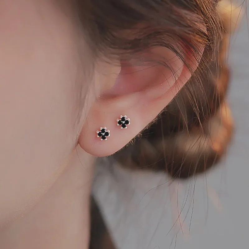 CloverLuxe – 925 Sterling Silver Black Zircon Flower Stud Earrings
