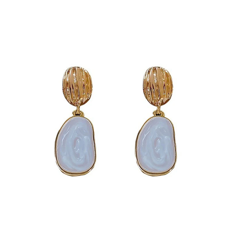 Artisan Oval Drop Earrings – White Enamel & Geometric Dangle Design