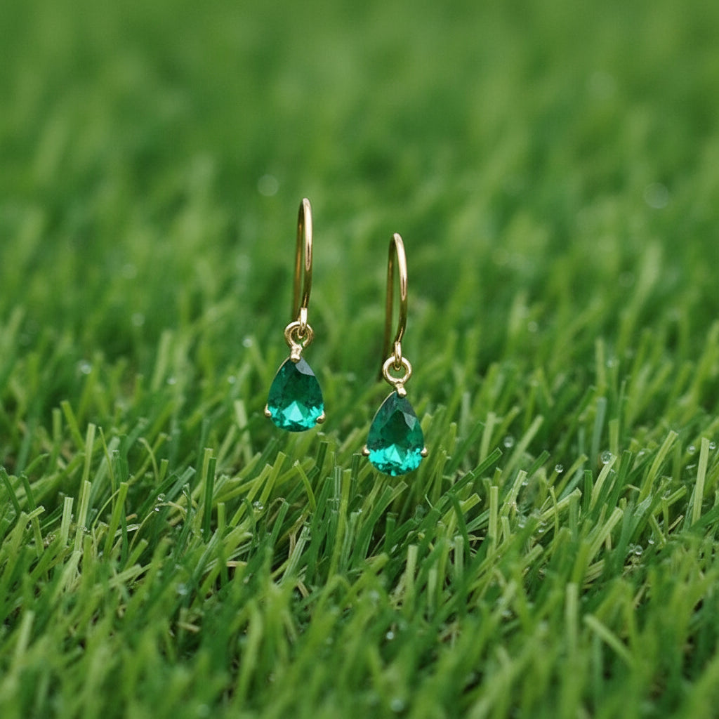 Vintage Water Drop Earrings – Gold Plated Sterling Silver with Emerald Zircon