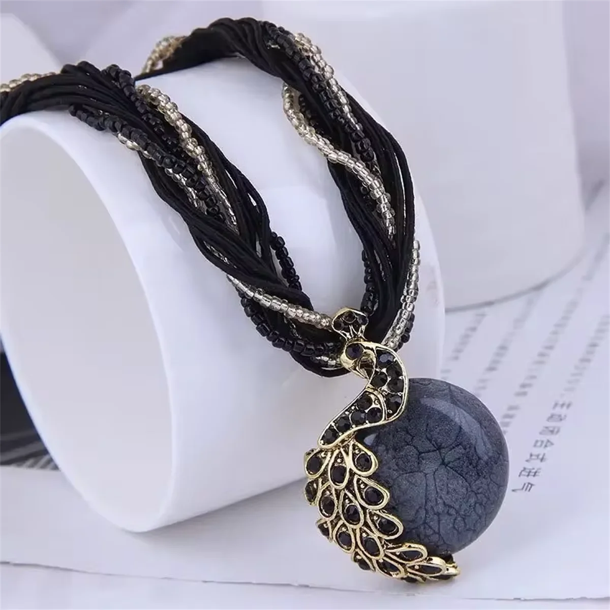 Bohemian Peacock Pendant Necklace – Vintage Fringed Tassel Design