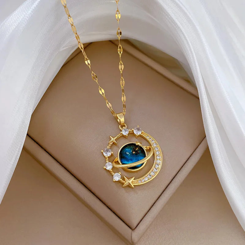 Celestial Harmony Necklace – Gold-Tone Planet & Moon Pendant