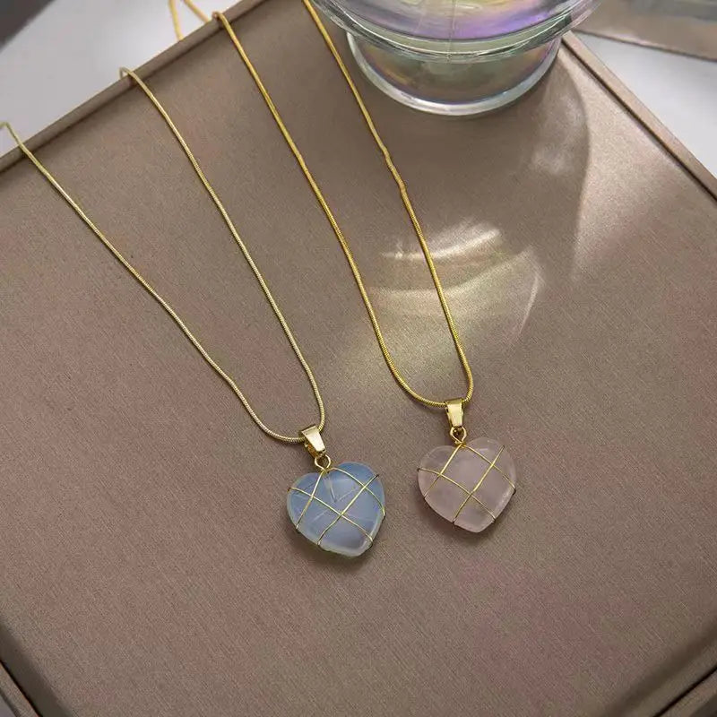 Opal & Rose Quartz Heart Necklace – Pink Barbie Core Aesthetic
